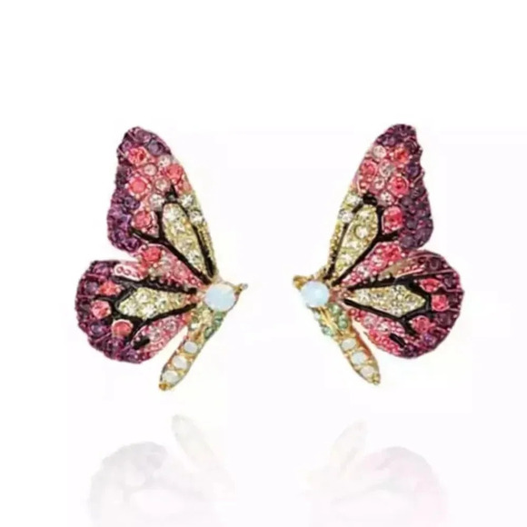 Flutterby Butterfly Pink Crystal Gold Earrings - Picture 3 of 9